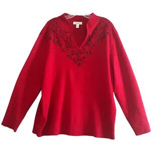 Dress Barn Sweater Top Womens 22 /24 Red Long Sleeve Slit Neck Embellished